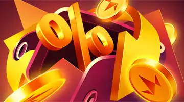 Изображение золотого символа процента в окружении золотых монет, символизирующее кэшбэк-бонус в Avrora Онлайн-казино.